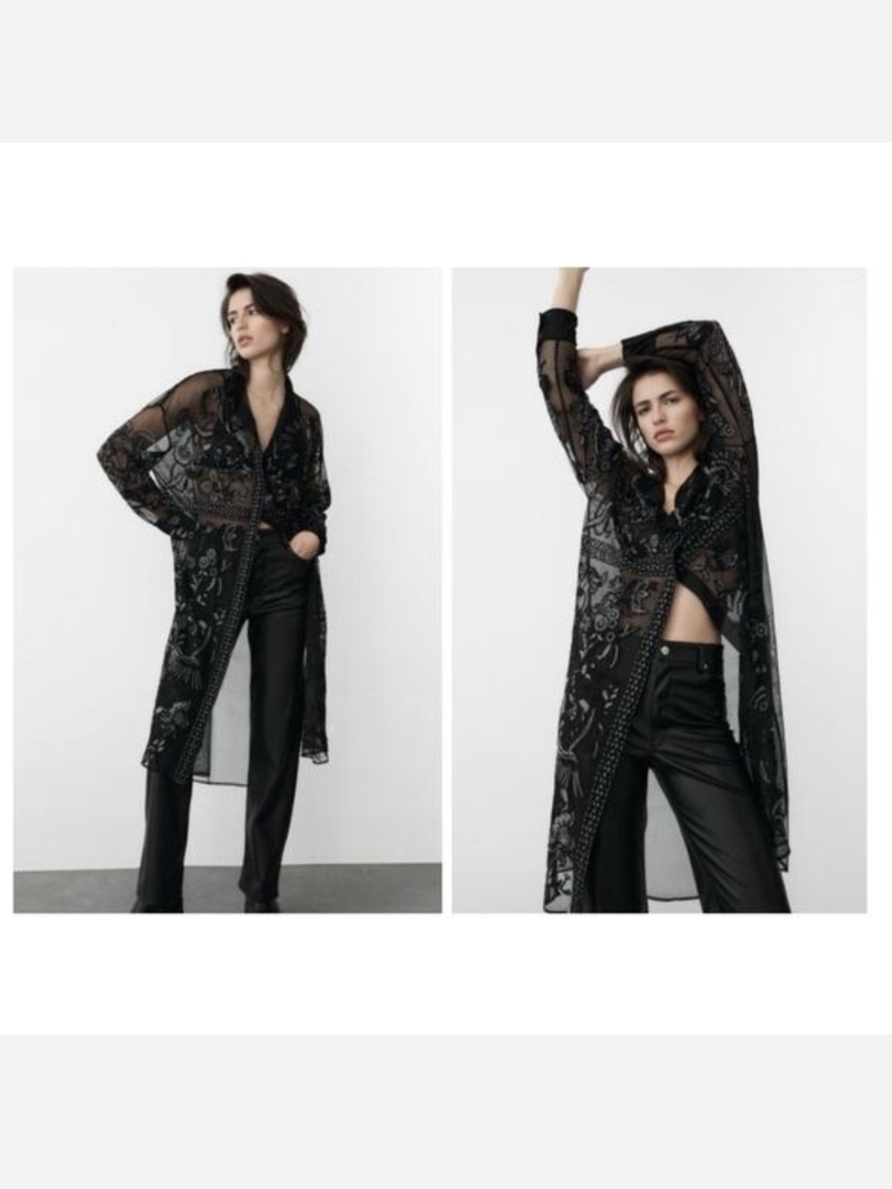 Zara Black Sheer Embroidered Long Shirt
